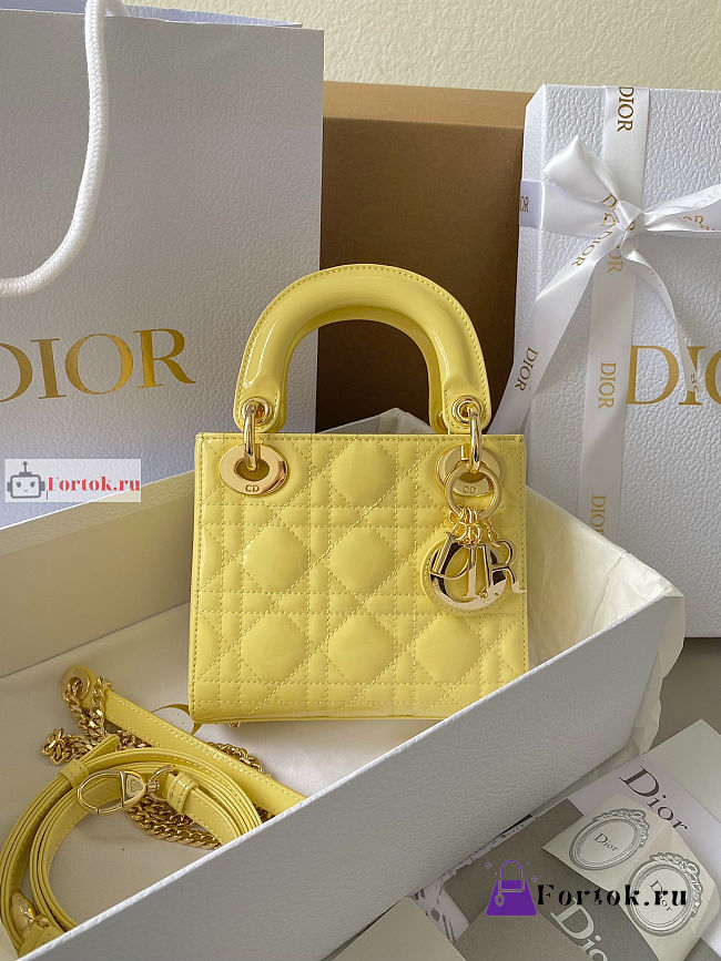 Dior Mini Lady Dior Bag Patent Leather Yellow M0505 17×15×7cm - 1