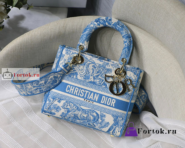 Dior Medium Lady D-Lite Bag Jouy Embroidery Cornflower Blue M0565 24x20x11cm - 1