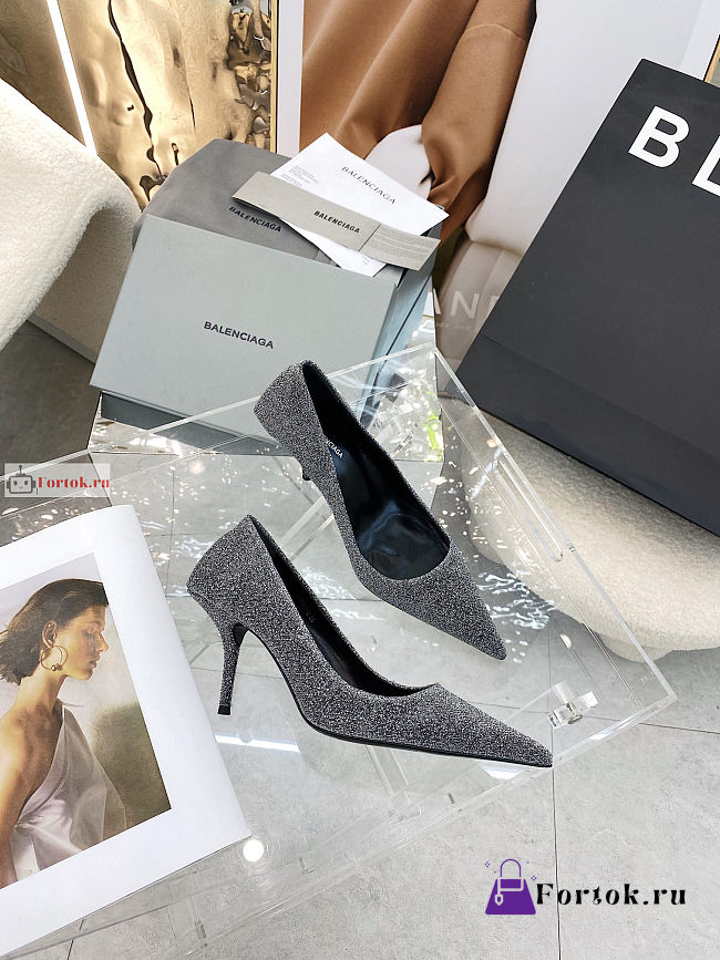 Balenciaga Silver Square Knife Glitter Pumps - 1