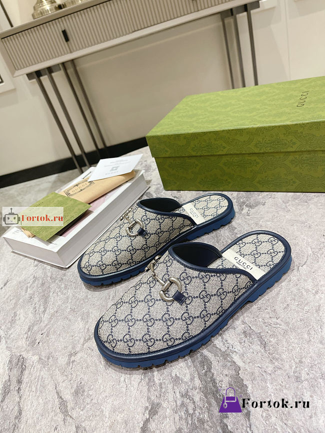 Gucci Men GG Slipper With Horsebit Blue/Beige 694249  - 1