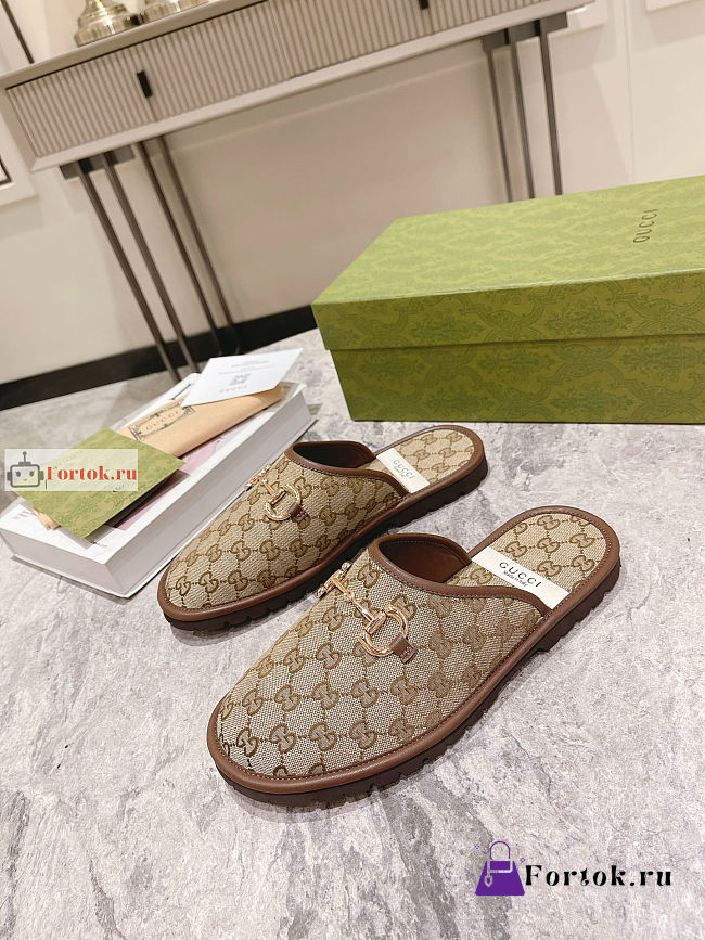 Gucci Men GG Slipper With Horsebit Brown/Beige 694249  - 1