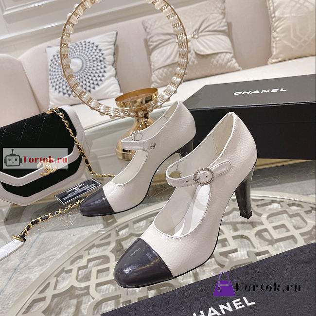 Chanel Shiny Leather Open Shoes White/Dark Gray - 1