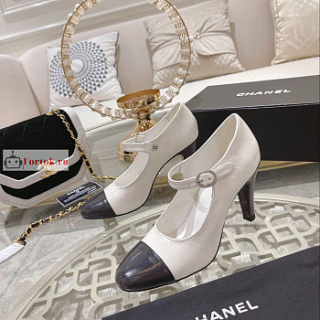 Chanel Shiny Leather Open Shoes White/Dark Gray