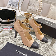 Chanel Shiny Leather Open Shoes Beige/Dark Gray - 5