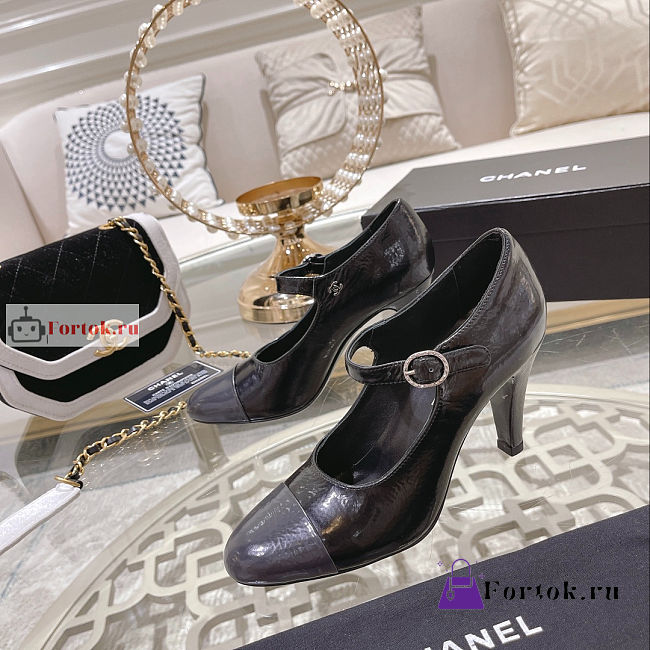Chanel Shiny Leather Open Shoes Black/Dark Gray - 1