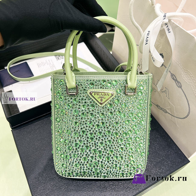 Prada Small Satin Tote Bag with Crystals Aqua 17.5x15x5cm - 1