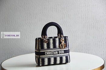 Dior Medium Lady D-Lite Bayadère D-Stripes Dark Blue 24x20x11cm