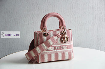 Dior Medium Lady D-Lite Bayadère D-Stripes Pink 24x20x11cm