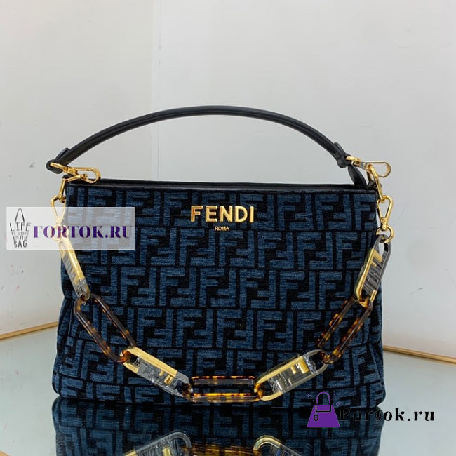 Fendi O'Lock Zip Dark Blue Tapestry Fabric Bag 36x23.5x14cm - 1