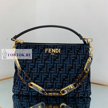 Fendi O'Lock Zip Dark Blue Tapestry Fabric Bag 36x23.5x14cm