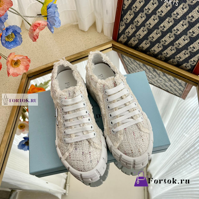 Prada Double Wheel Tweed White Sneakers  - 1