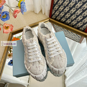 Prada Double Wheel Tweed White Sneakers 