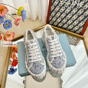 Prada Double Wheel Tweed Blue Sneakers 