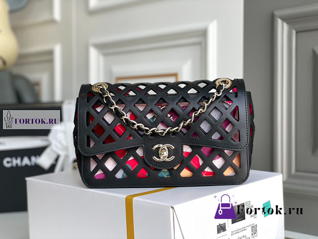 Chanel Perforated Calfskin Printed Fabric Black Flap Bag 21x14x7cm - 1