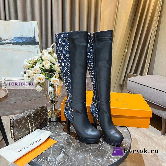 Louis Vuitton Black Leather Blue Denim High Boots - 1