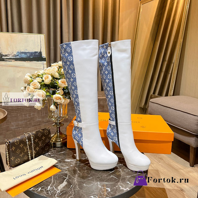Louis Vuitton White Leather Blue Denim High Boots - 1