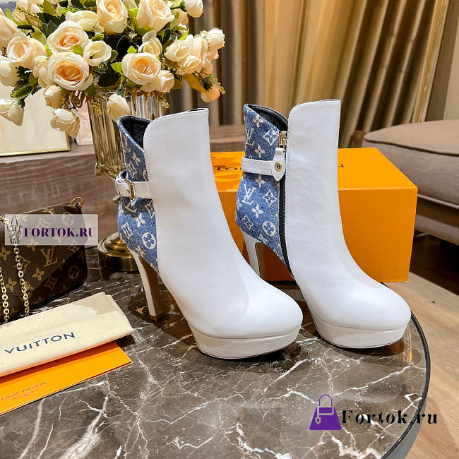 Louis Vuitton White Leather Blue Denim Ankle Boots - 1