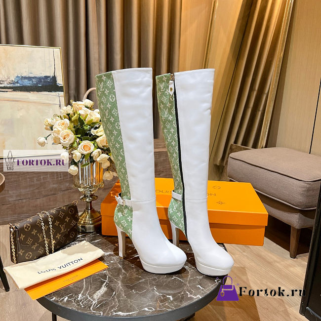 Louis Vuitton White Leather Green Denim High Boots - 1