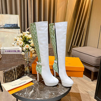 Louis Vuitton White Leather Green Denim High Boots