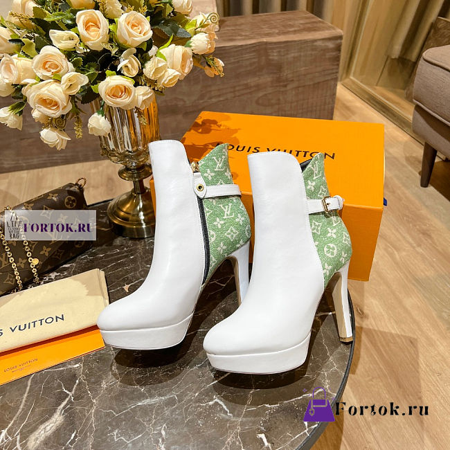 Louis Vuitton White Leather Green Denim Ankle Boots - 1