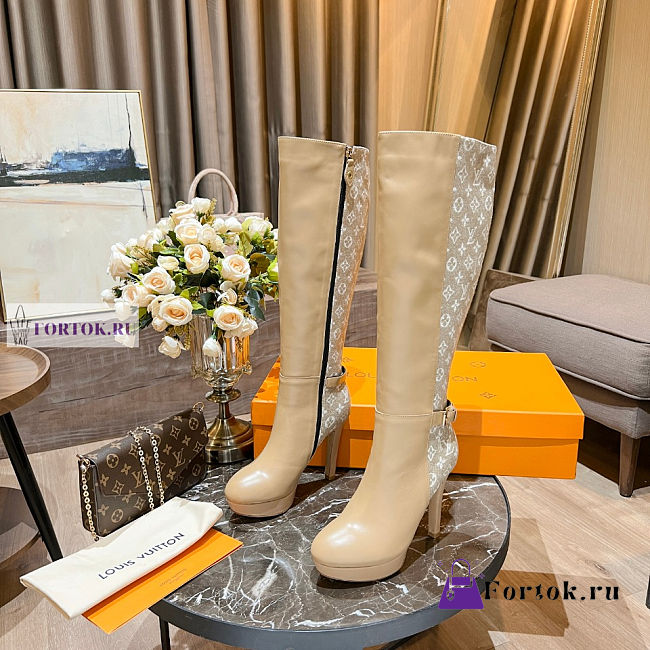 Louis Vuitton Brown Leather Brown Denim High Boots - 1