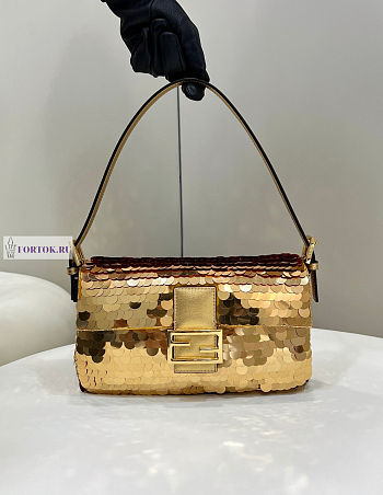 Fendi Baguette Gold-Coloured Leather and Sequinned Bag 27x5x14cm