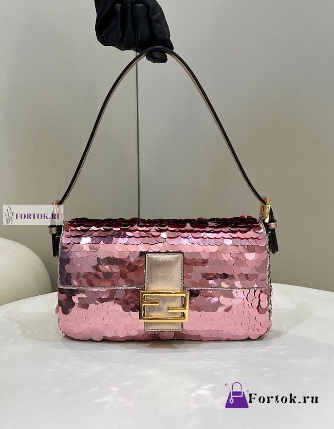Fendi Baguette Pink Leather and Sequinned Bag 27x5x14cm - 1