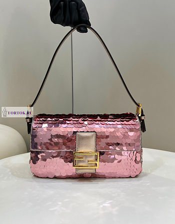 Fendi Baguette Pink Leather and Sequinned Bag 27x5x14cm