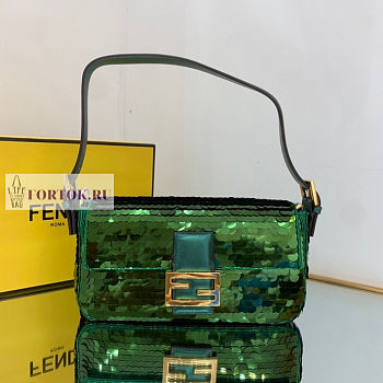 Fendi Baguette Green Leather and Sequinned Bag 27x5x14cm