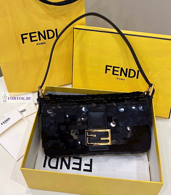 Fendi Baguette Black Leather and Sequinned Bag 27x5x14cm