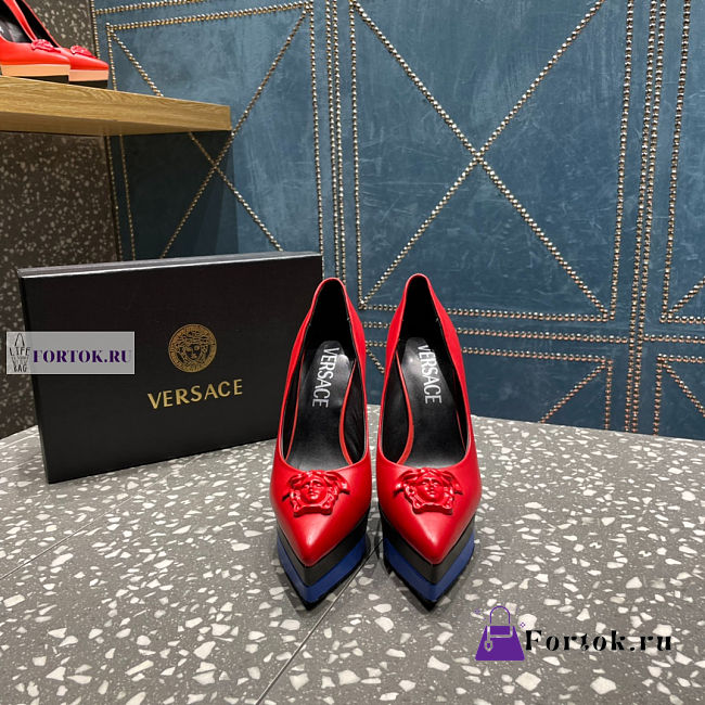 Versace Medusa Calfskin Red and Blue Pumps - 1