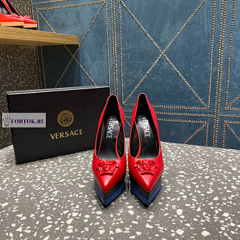 Versace Medusa Calfskin Red and Blue Pumps