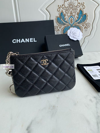 Chanel Card Holder Zipper Calfskin A50168 Black Silver 14x10cm