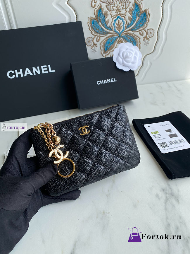 Chanel Card Holder Zipper Calfskin A50168 Black Gold 14x10cm - 1