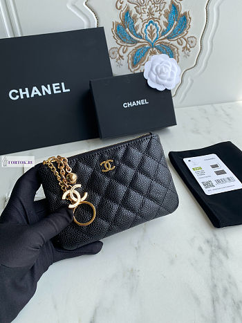 Chanel Card Holder Zipper Calfskin A50168 Black Gold 14x10cm