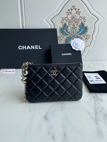 Chanel Card Holder Zipper A50168 Black Silver 14x10cm