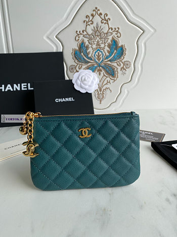 Chanel Card Holder Zipper Calfskin A50168 Green 14x10cm