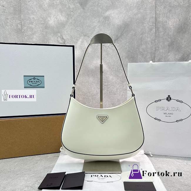 Prada Cleo Brushed Leather Hobo Bag In White 27cm×19cm×5cm  - 1