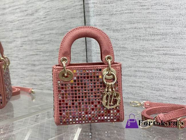 Dior Lady Micro Dark Pink Metallic Canvas Embroidered with Multicolor Crystals - 12x10.5x5cm - 1