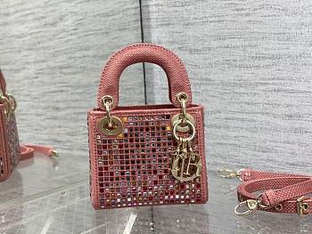 Dior Lady Micro Dark Pink Metallic Canvas Embroidered with Multicolor Crystals - 12x10.5x5cm