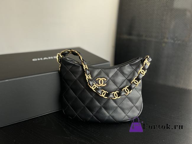 Chanel Hobo Handbag Lambskin Black 17.5x24x6cm - 1