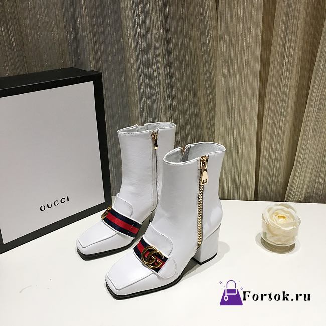 Gucci White Leather GG Marmont Block Heel Ankle Boots - 1