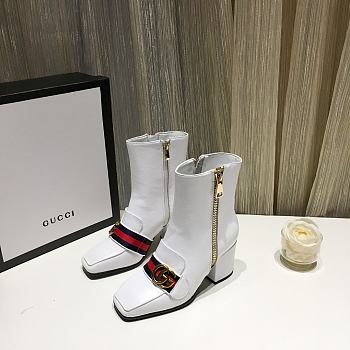 Gucci White Leather GG Marmont Block Heel Ankle Boots