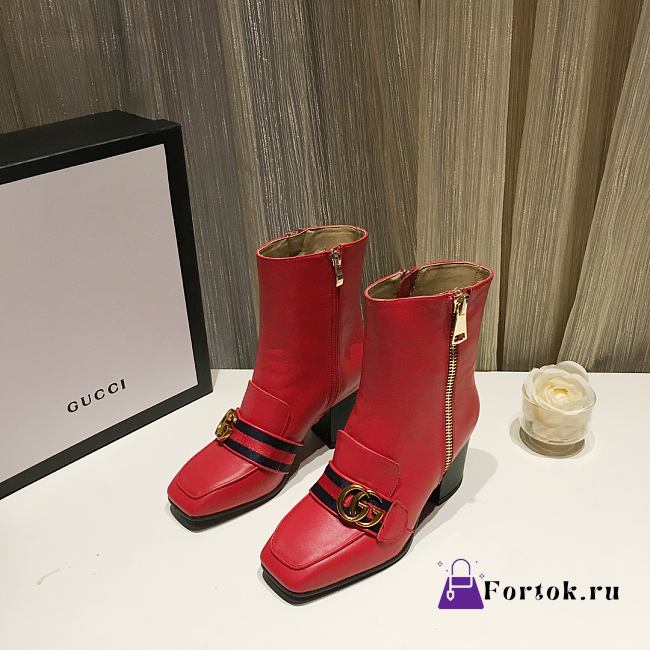 Gucci Red Leather GG Marmont Block Heel Ankle Boots - 1