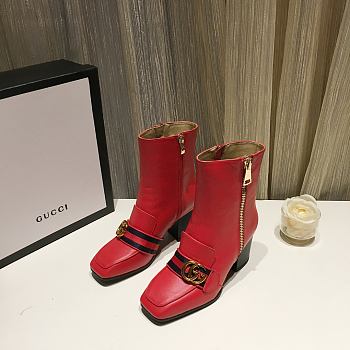 Gucci Red Leather GG Marmont Block Heel Ankle Boots