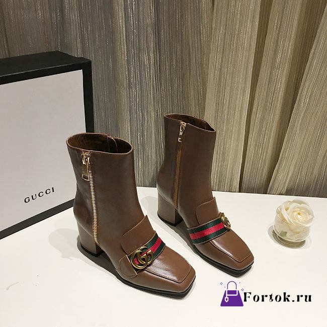 Gucci Brown Leather GG Marmont Block Heel Ankle Boots - 1