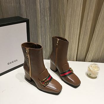 Gucci Brown Leather GG Marmont Block Heel Ankle Boots