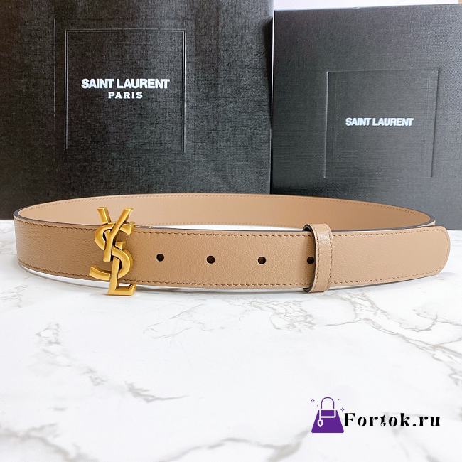 Saint Laurent Beige Monogram Leather Belt - 1