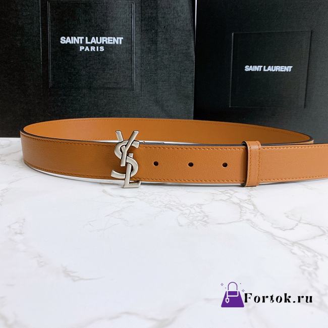 Saint Laurent Brown Monogram Leather Belt - 1