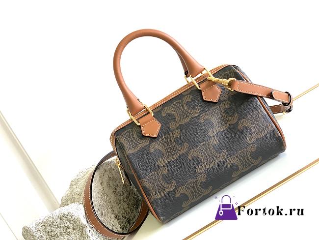 Celine Small Boston in Triomphe Canvas and Calfskin Tan - 1